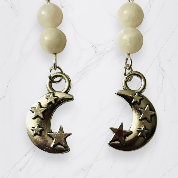 Hand Crafted Earrings Moonstone Moon & Star Dangle Pierced Silver White - Picture 2 of 9